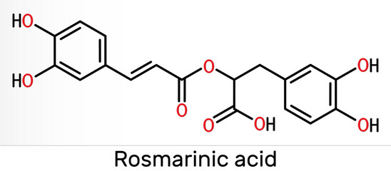 Rosmarinic acid, molecule. It is polyphenol, phenylpropanoid, monocarboxylic acid, non-steroidal anti-inflammatory drug, antioxidant, serine proteinase inhibitor. Skeletal chemical formula