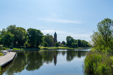 view of the Maribo Lake and Maribo Cathedral on Lolland Island in Denmark