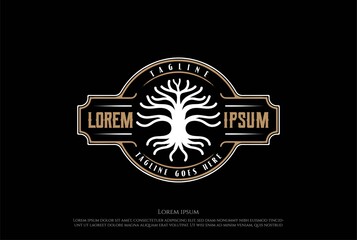 Fototapeta premium Root Oak Banyan Maple Family Tree of Life Stamp Seal Emblem Logo Design Vector