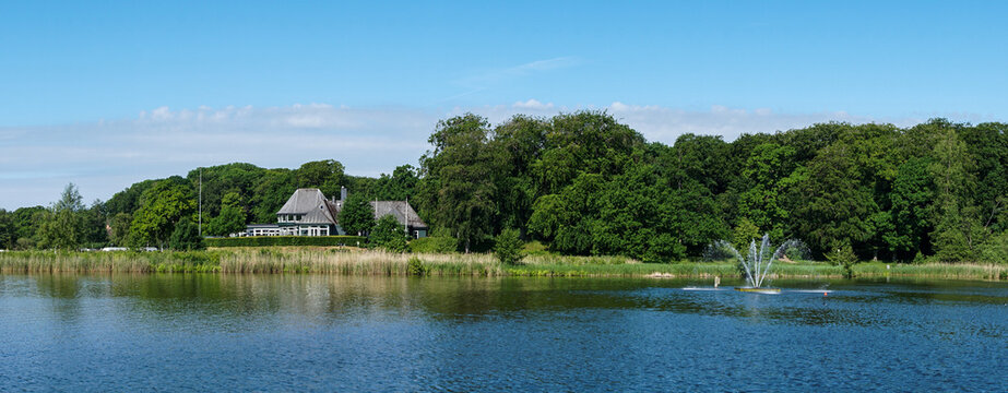 view of the picturesque campground and main building on the Maribo Lake in Denmark