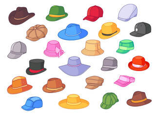 Hats and headgear icon set. Vector collection of man and woman hats. Summer accessories, male and female headwear