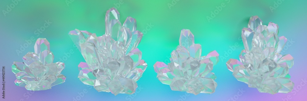 Poster a set of crystals demonstrating the effect of light scattering and dispersion. 3d illustration.