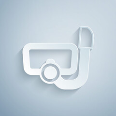 Paper cut Diving mask with snorkel icon isolated on grey background. Extreme sport. Diving underwater equipment. Paper art style. Vector