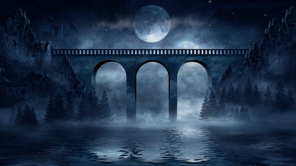 Night fantasy Futuristic landscape with abstract mountains and island on the water, old concrete bridge, moonlight. Dark natural scene with reflection of light in the water. Dark, dramatic forest. 3D  © MiaStendal