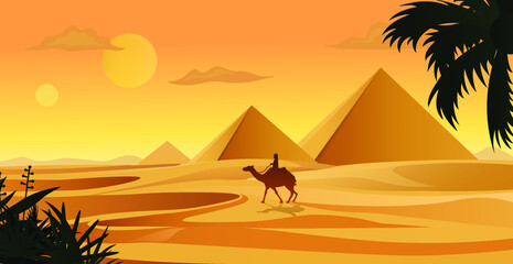 Desert scene with camels at sunset, Silhouette design of men and camel walking across desert, Desert safari.