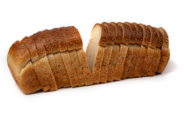 Slices of white bread or a loaf with sesame seeds isolated on a white background.