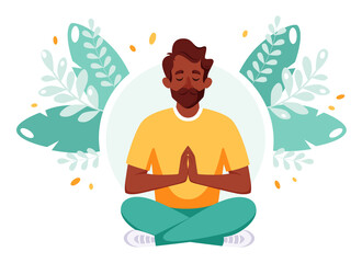 Indian man meditating in lotus pose. Healthy lifestyle, yoga, relax, wellbeing, recreation. Vector illustration