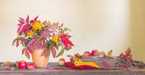 beautiful autumnal composition on wooden table