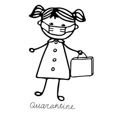 Beautiful hand-drawn vector illustration of a girl in a medical mask with a bag isolated on a white background with lettering Quarantine for coloring book