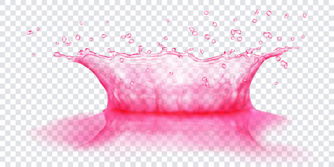 Translucent water crown with drops and reflection. Splash in pink colors, isolated on transparent background. Transparency only in vector file