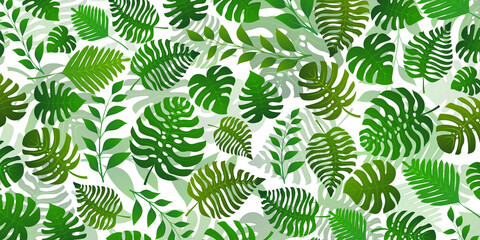 Background with exotic jungle plants. Tropical palm leaves. Rainforest illustration in green colors.
