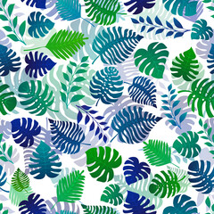 Seamless pattern with exotic jungle plants. Tropical palm leaves. Rainforest illustration, multicolored on white background.