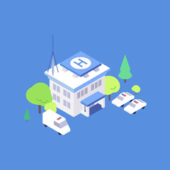 Isometric police office building flat illustration. Police yard with trees and parking