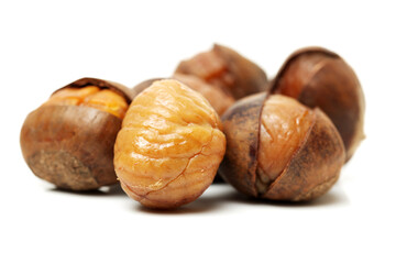 chinese food, peeled roasted chestnut on white background
