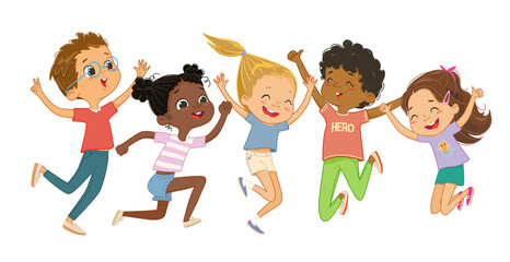Multicultural boys and girls play together, happily jump and dance. Concept of fun and vibrant moments of childhood. Vector illustrations. - 441426578