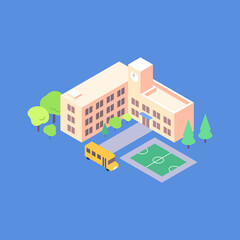 Isometric school building flat illustration. School yard with schoolbus stop trees and playground