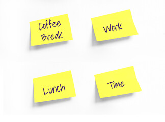 Four Yellow stickers with Coffee Break, Work, Lunch, Time Handwriting text on white Whatman paper. Concept of work, programming, testing, business. Handwriting text, copy space