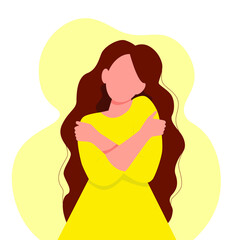 Self-love concept, woman without face hugs herself, vector illustration in flat style