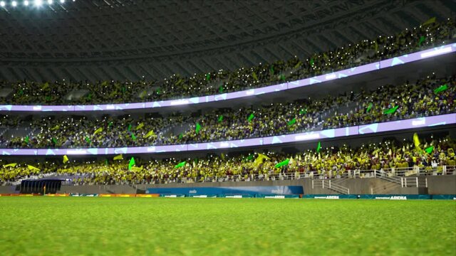 soccer stadium with fans cloudy evening crowd waiting game clamping and waving flags . High quality 4k footage