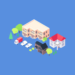 Isometric residential area flat illustration. Condo and cottage yard with trees and parking