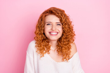 Photo portrait of red haired curly woman laughing overjoyed having nice mood isolated on pastel...