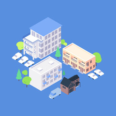 Isometric residential area flat illustration. Condo yard with trees and parking