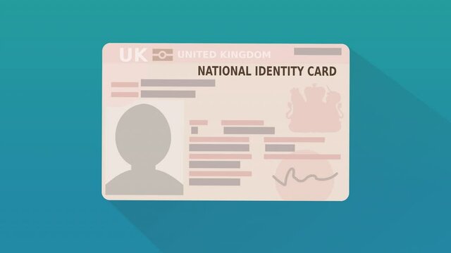 A hand shows the national identity card of the United Kingdom on a blue background (flat design)
