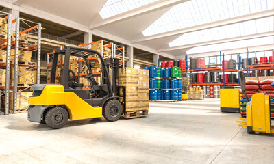 forklift with pallets inside a warehouse.