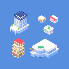 Set of isometric downtown objects. Organic flat city buildings collection. Hotel, theatre, office building, mall, shops, cafes