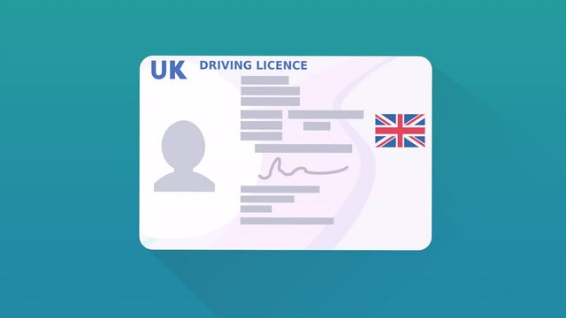 Hand shows UK driver's license Post Brexit version on blue background (flat design)
