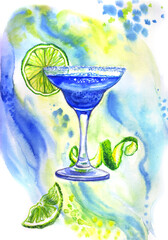Blue Lagoon cocktail on a background of watercolor stains and splashes, watercolor illustration, print for poster, greeting card, cover and other designs.