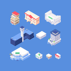 Set of isometric objects. Organic flat city buildings collection. Hotel, city hall, theatre, airport, office building, mall, shops, cafes