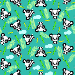 Obraz premium panda with leaves and clouds with blue background seamless repeat pattern