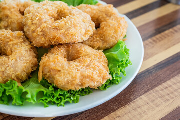 Fried shrimp ball cake on dish with plum sauce dipping. Local food in Thailand and Chinese. Regional Food Backgrounds