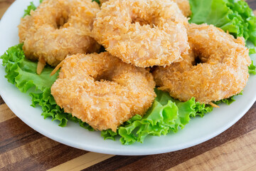 Fried shrimp ball cake on dish with plum sauce dipping. Local food in Thailand and Chinese. Regional Food Backgrounds