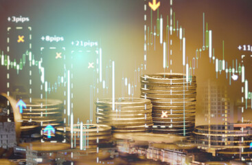 Double exposure of finance graph , stationary and rows of coins for goal office , finance and business concept background and forex trading graph with economy trends business or finance background.