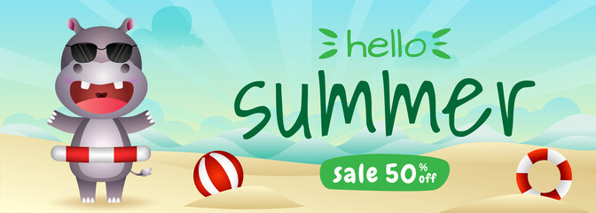 summer sale banner with a cute hippo using lifebuoy ring