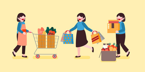 Girl, Woman, Housewife Shopping Stuff From Shop, Store, and Supermarket