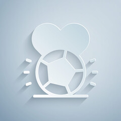 Paper cut Soccer football ball icon isolated on grey background. Sport equipment. Paper art style. Vector