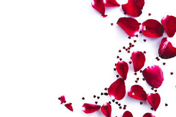 Valentine day background with red hearts and rose petals , top view with copy space,Post card 