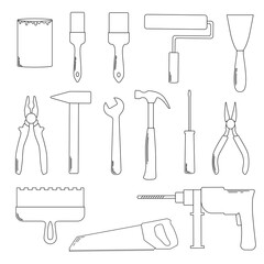 Set icons building tools. Repair, construction buildings. Drill, hammer, screwdriver, saw, roller, brush and pliers. Line art. Doodle style.