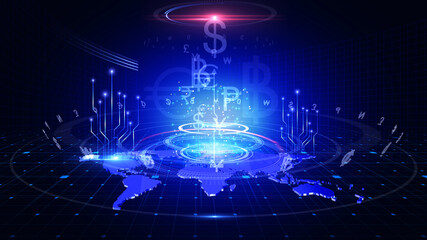 World Currency sign Various Money currency sign, 3d virtual environment makes global world map, internet of things. financial technology 