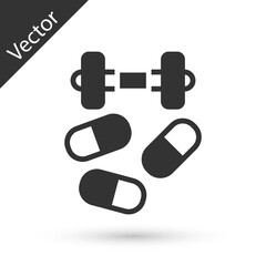 Grey Sports doping, anabolic drugs with dumbbell icon isolated on white background. Anabolic steroids tablet. Pills in jar. Vector