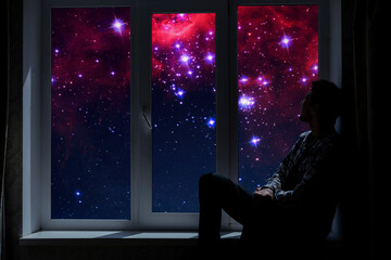 person standing next to the window and watching outside, admire the star on night sky, elements of...