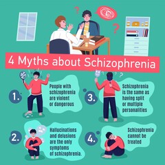 Popular myths about schizophrenia. Patient and doctor. - obrazy, fototapety, plakaty