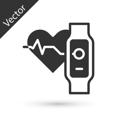Grey Smart watch showing heart beat rate icon isolated on white background. Fitness App concept. Vector