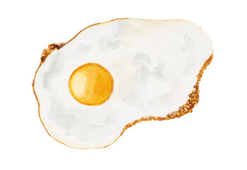 Fried egg close-up, scrambled eggs close-up. Fast food, breakfast, scrambled eggs. Watercolor illustration isolated on white background.