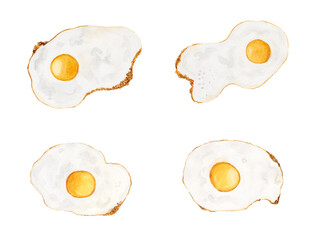 Fried egg close-up, scrambled eggs close-up. Fast food, breakfast, scrambled eggs. Watercolor illustration isolated on white background. Set.