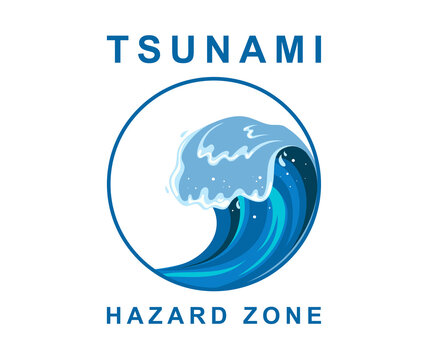 Tsumani wave with white foam in flat cartoon style. Hazard zone sign. Vector illustration