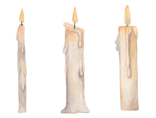 Wax candle with flame. Yellow fire. Watercolor illustration isolated on white background. Set.